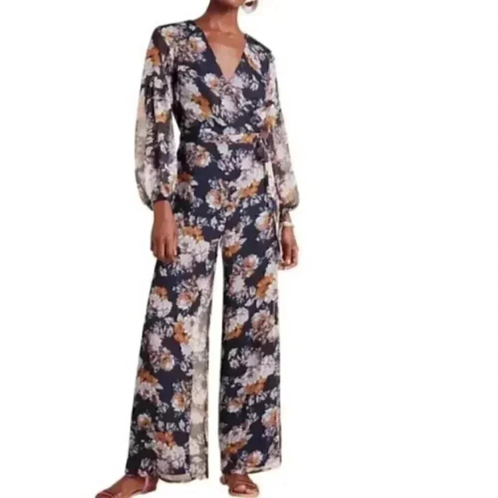 Anthropologie Navy and Flower Print Ali Jay Rompe